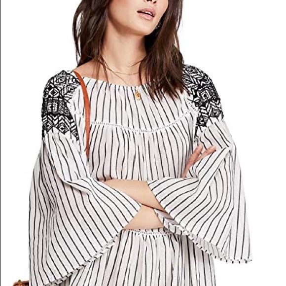 NWT FREE PEOPLE Striped Lola Tiered Embroidered Mini Dress - Picture 1 of 14
